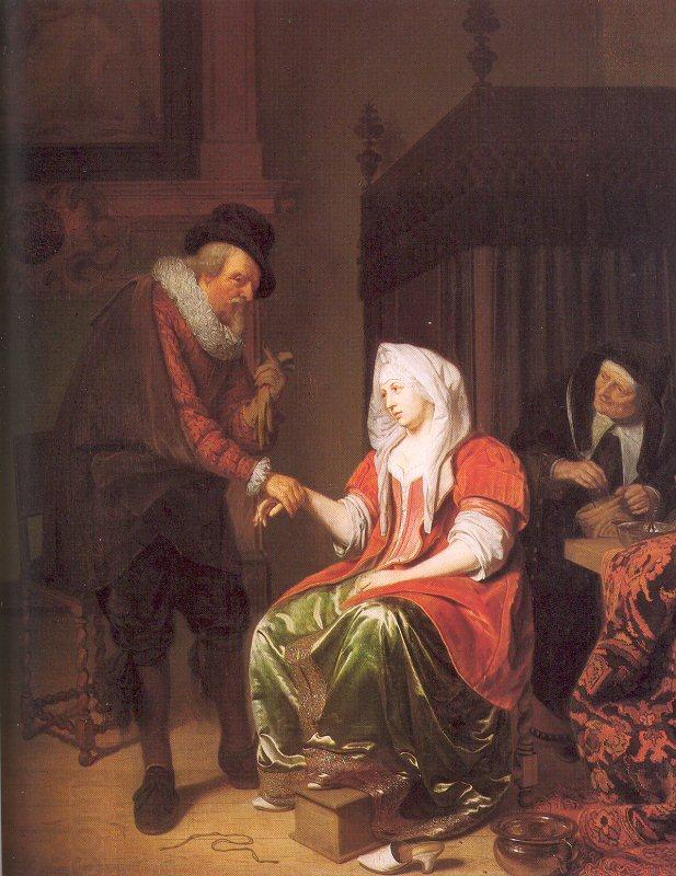 Musscher, Michiel van Doctor Taking a Young Woman's Pulse oil painting picture